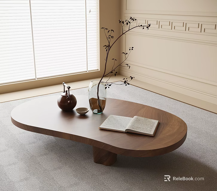 Oval Wooden Coffee Table with Open Book Glass Vase with Branches and Teapot by Window 3d model 