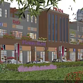 Modern Commercial Retail Buildings With PRADA Store Flower Shop Cars Pedestrians And Greenery