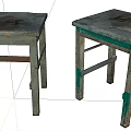 Old Wooden Stools With Worn Surface Square Shape And Green Painted Legs 3d model