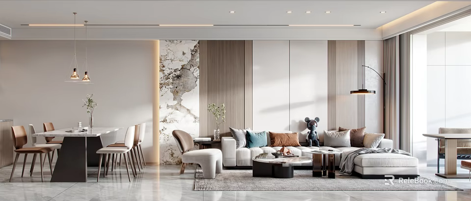 Modern Living And Dining Room Interior With Sofa Coffee Table Dining Chairs And Decorative Wall 3d model 