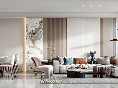 Modern Living And Dining Room Interior With Sofa Coffee Table Dining Chairs And Decorative Wall 3d model