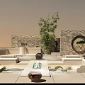 Outdoor Relaxation Area With Stone Walls Wooden Pavilion Water Feature And Green Plants