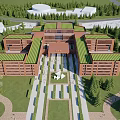 Red Brick Office Building with Green Lawn Trees People Walking and Bicycles