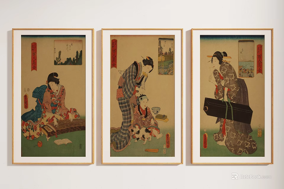 Vintage Ukiyo e Artworks With Kimono Female Figures In Framed Wall Decor 3d model 