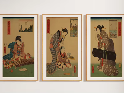 Vintage Ukiyo e Artworks With Kimono Female Figures In Framed Wall Decor 3d model