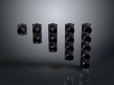 Five Black Traffic Lights Arranged in Row With Circular Lamp Holes and Gray Reflective Background 3d model