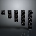 Five Black Traffic Lights Arranged in Row With Circular Lamp Holes and Gray Reflective Background