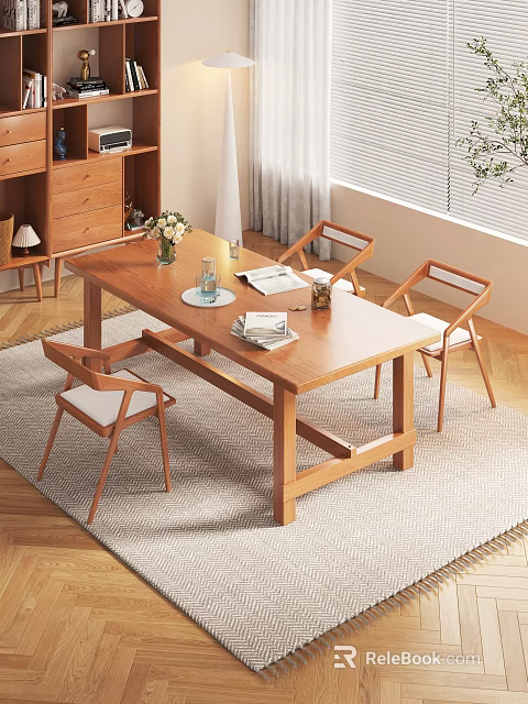 Modern Wooden Dining Table Set With Four Chairs And Tabletop Decor In Natural Light 3d model 