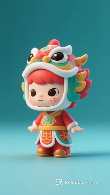 Cute Chinese Traditional Doll with Dragon Headgear Red Hair and Colorful Costume on Blue Background 3d model