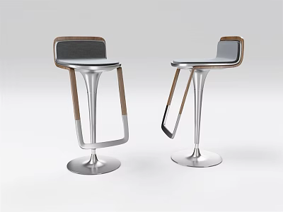 Modern Bar Stools With Metal Base Wooden Armrests And Grey Cushioned Seats 3d model