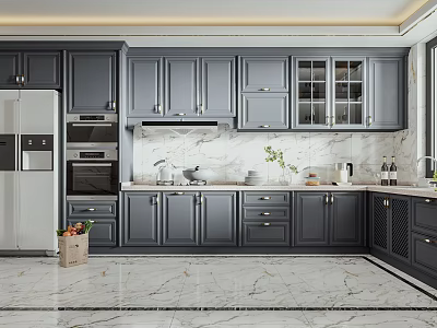 Modern Kitchen Interior With Dark Gray Cabinets Marble Countertops White Refrigerator Ovens And Windows 3d model