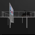 Modern Two Story Exhibition Space With Glass Railing Digital Screen And Staircase Under Column Platform