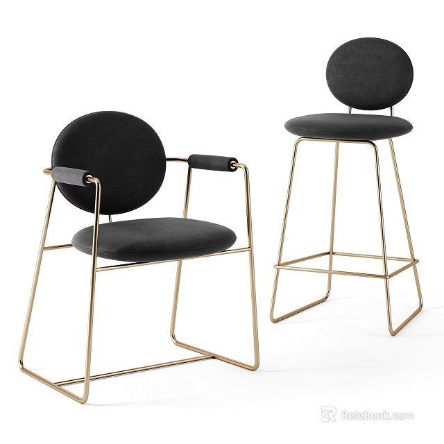 Modern Bar Stools Featuring Gold Metal Frame Black Padded Seats And Armrests 3d model 