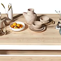 Wooden Dining Table Set With Bench Vase Bowls And Cups On Top
