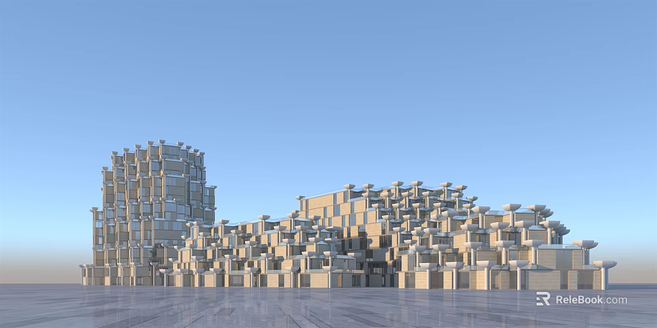 Modern Commercial Complex With Geometric Architecture Glass Curtain Walls And Open Plaza Under Blue Sky 3d model 