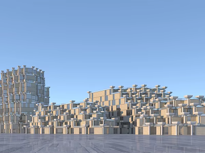 Modern Commercial Complex With Geometric Architecture Glass Curtain Walls And Open Plaza Under Blue Sky 3d model