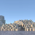 Modern Commercial Complex With Geometric Architecture Glass Curtain Walls And Open Plaza Under Blue Sky
