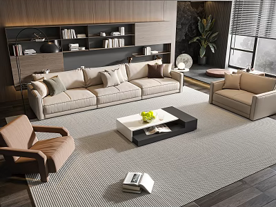 Modern Sofa And Coffee Table Set With Beige Upholstery Area Rug Bookshelf And Indoor Plant 3d model