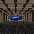 Modern Conference Room With Large Screen Trophy Arranged Chairs And Ceiling Lighting