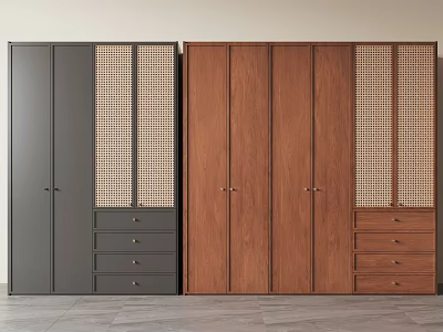 Modern Solid Wood Wardrobe With Rattan Woven Panels And Built In Drawers For Bedroom 3d model