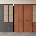 Modern Solid Wood Wardrobe With Rattan Woven Panels And Built In Drawers For Bedroom