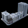3D Urban Building Complex Model Featuring Tall Low Rise Structures Green Area and Street