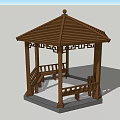 Wooden Pavilion With Hexagonal Roof And Wooden Benches Under Blue Sky White Clouds Background Buildings