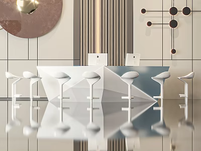 Modern Reception Desk Interior With Geometric Design White Stools Shiny Reflective Floor And Decorative Wall 3d model