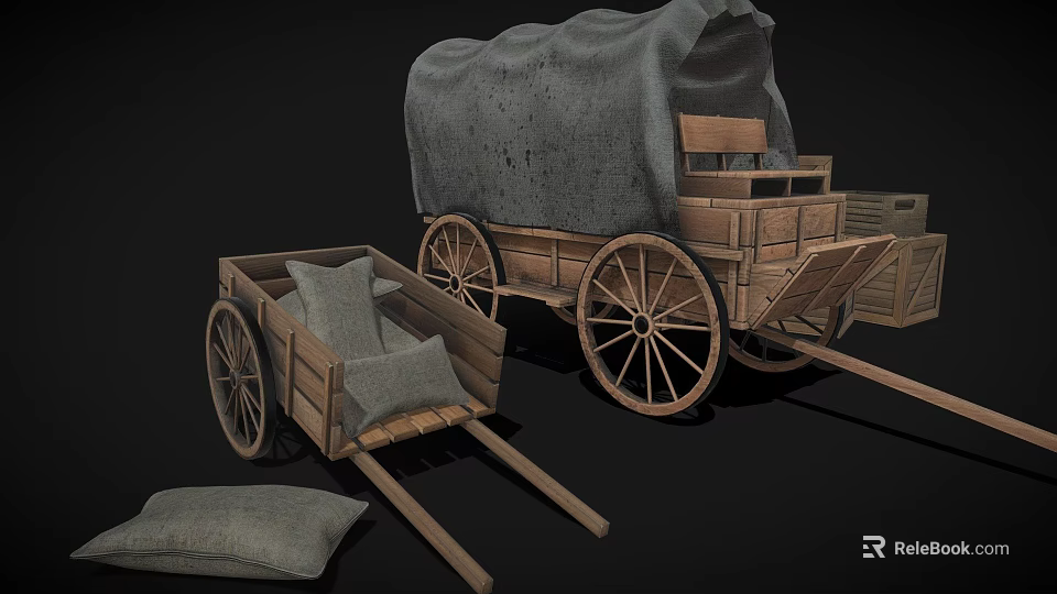 Wooden Wagon And Cart With Canvas Cover And Pillows On Dark Background 3d model 
