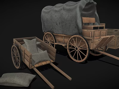 Wooden Wagon And Cart With Canvas Cover And Pillows On Dark Background 3d model