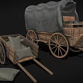 Wooden Wagon And Cart With Canvas Cover And Pillows On Dark Background
