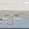 Neonatal Incubators on Wheeled Carts in Hospital Nursery With Light Blue Floor and Square Lights