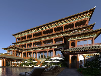 Traditional Chinese Style Multi Story Hotel Building With Swimming Pool And Loungers 3d model