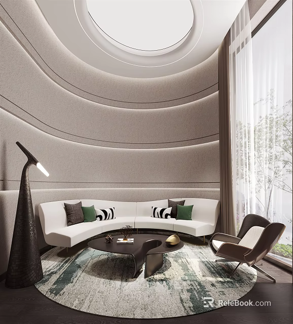 Modern Leisure Area With Curved Walls White Sofa Black Floor Lamp And Round Coffee Table 3d model 