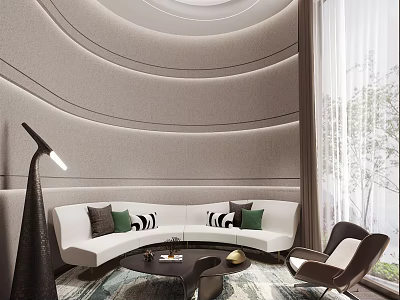 Modern Leisure Area With Curved Walls White Sofa Black Floor Lamp And Round Coffee Table 3d model