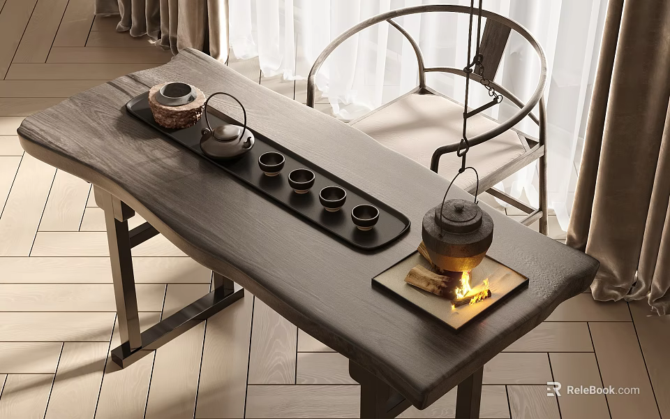 Wooden Tea Table And Chairs With Teapot Teacups And Warm Fire In Bright Interior Setting 3d model 