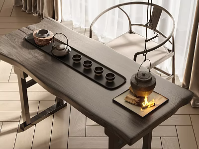 Wooden Tea Table And Chairs With Teapot Teacups And Warm Fire In Bright Interior Setting 3d model