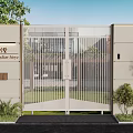 Modern Entrance Gate With Vertical Slats Design Surrounded By Greenery And Concrete Walls