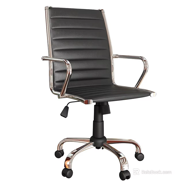 Modern Office Chair with Black Leather Upholstery Metal Armrests and Rolling Wheels 3d model 