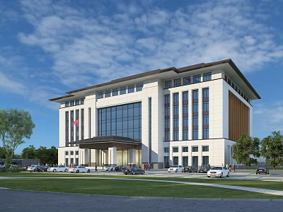 Modern White Office Building With Large Glass Windows Lawn Parking Lot And Trees 3d model
