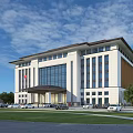 Modern White Office Building With Large Glass Windows Lawn Parking Lot And Trees