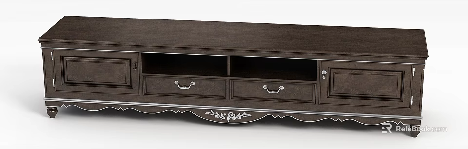 Dark Wooden TV Stand With Drawers Metal Handles And Carved Base 3d model 