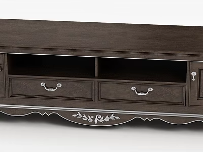 Dark Wooden TV Stand With Drawers Metal Handles And Carved Base 3d model