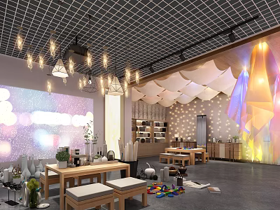 Modern Relaxation Area With Geometric Ceiling Pendant Lights Bookshelves And Wooden Tables 3d model