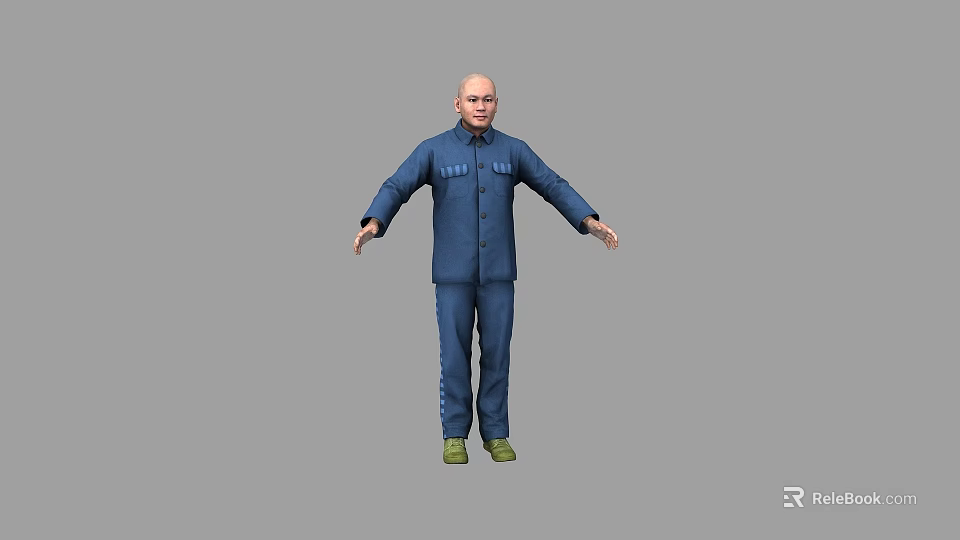 Bald Man In Blue Work Uniform With Arms Outstretched Against Gray Background 3d model 