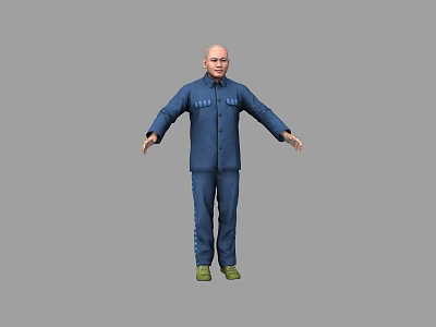 Bald Man In Blue Work Uniform With Arms Outstretched Against Gray Background 3d model