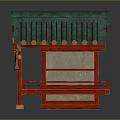 Traditional Japanese Shrine Structure With Teal Roof Red Pillars And Wooden Base