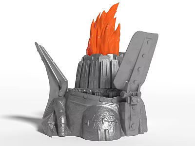 Detailed 3D Model of Gray Mechanical Structure with Orange Flames on Top 3d model