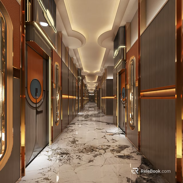Luxury KTV Corridor Design With Golden Decor Marble Floor And Modern Lighting Features 3d model 