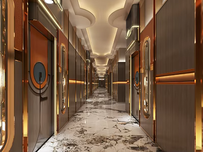 Luxury KTV Corridor Design With Golden Decor Marble Floor And Modern Lighting Features 3d model
